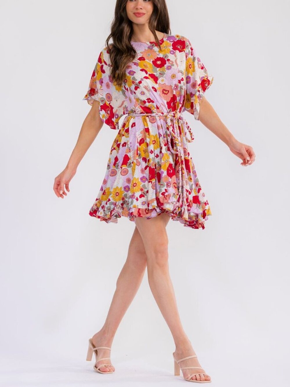 Boho Floral Mini Dress Women’s Tie Waist Flowy Ruffle Hem Short Sleeve Summer
